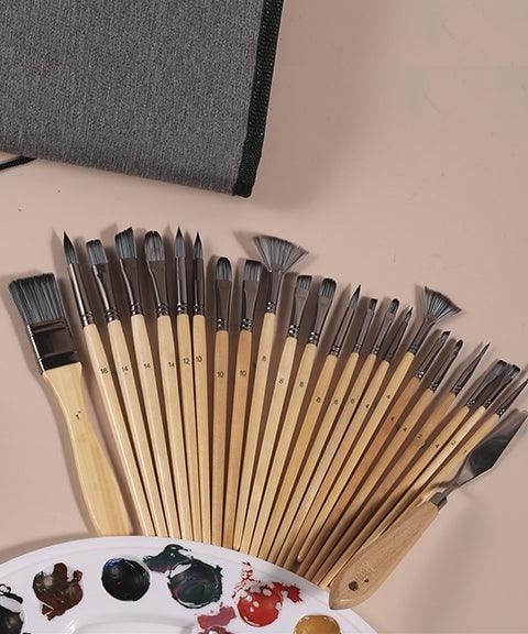 Lenovogo - Professional Art Brush With Natural Wood Handles Set Of 24