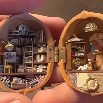 Lenovogo - Handmade Walnut Shell Doll House-mini library, tiny World inside walnuts