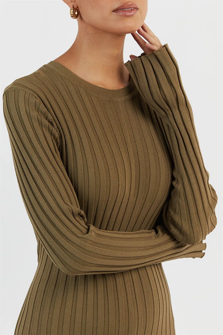 Fall New Sleeved Knit Midi  High Elasticity Dress