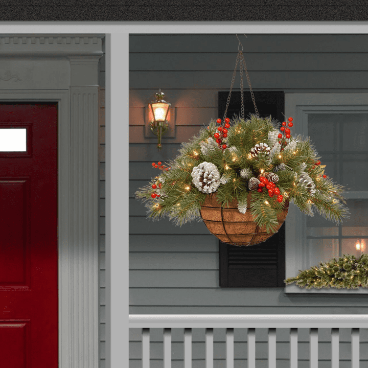 🎄Dazzling Pre-lit Artificial Christmas Hanging Basket - Flocked with Mixed Decorations and White LED Lights - Frosted Berry