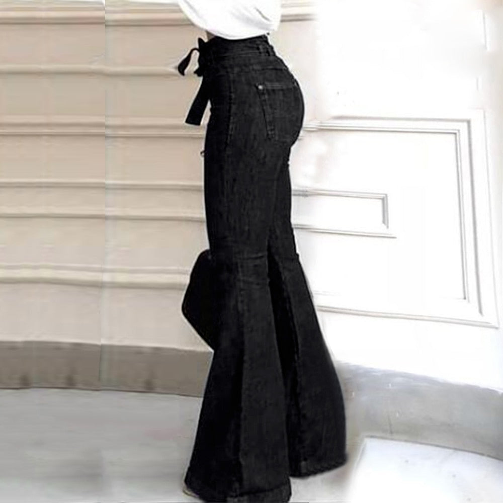 Women High Waist Bandage Wide Leg Denim Jeans