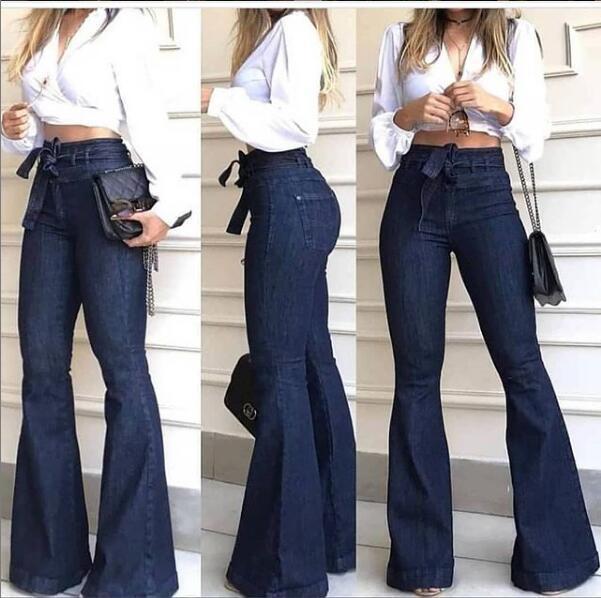 Women High Waist Bandage Wide Leg Denim Jeans