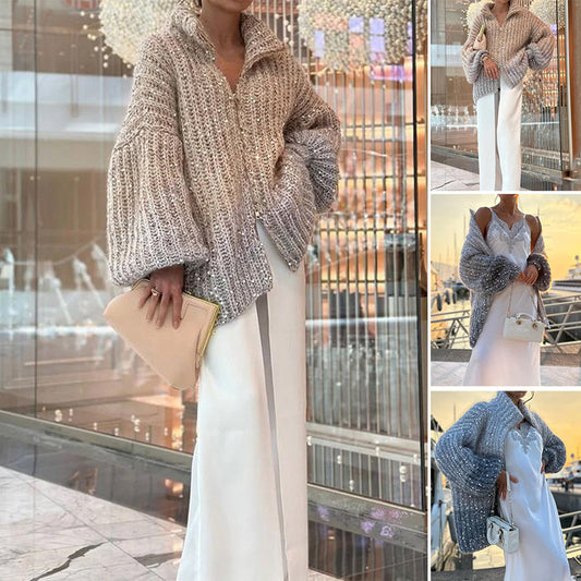 Solid Color Sequin Knit Sweater Jacket