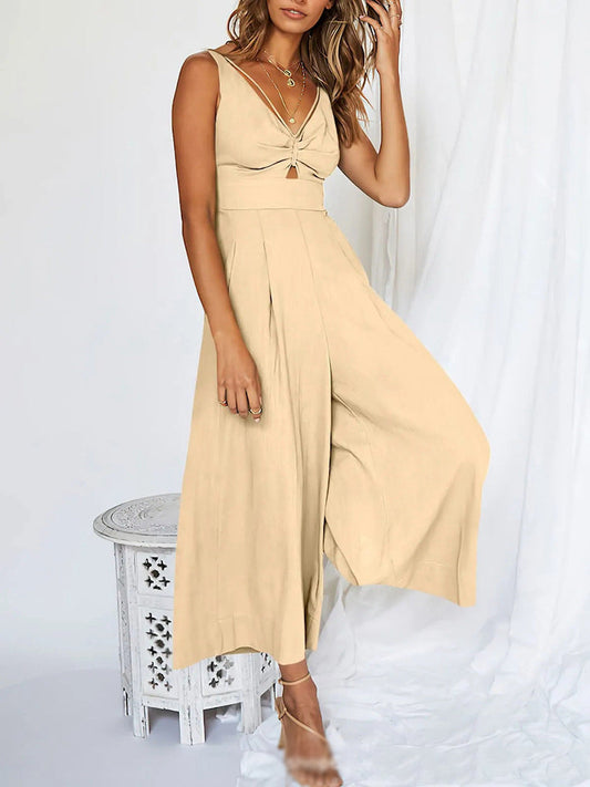 🎀V-neck Hollow Out Pleated High Waist Wide Leg Jumpsuit