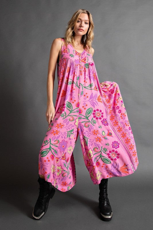 🔥-Vintage floral print loose sleeveless jumpsuit