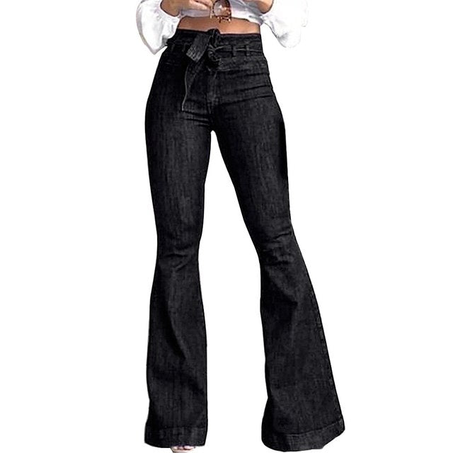 Women High Waist Bandage Wide Leg Denim Jeans